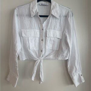 Zara White Linen Tie Front Button Down Crop Shirt